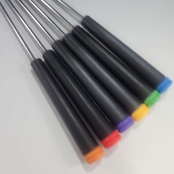 Fondue 9.5" Long Metal Fork Set Plastic Handle w Color Insert MCM Set 6 - Picture 2 of 8